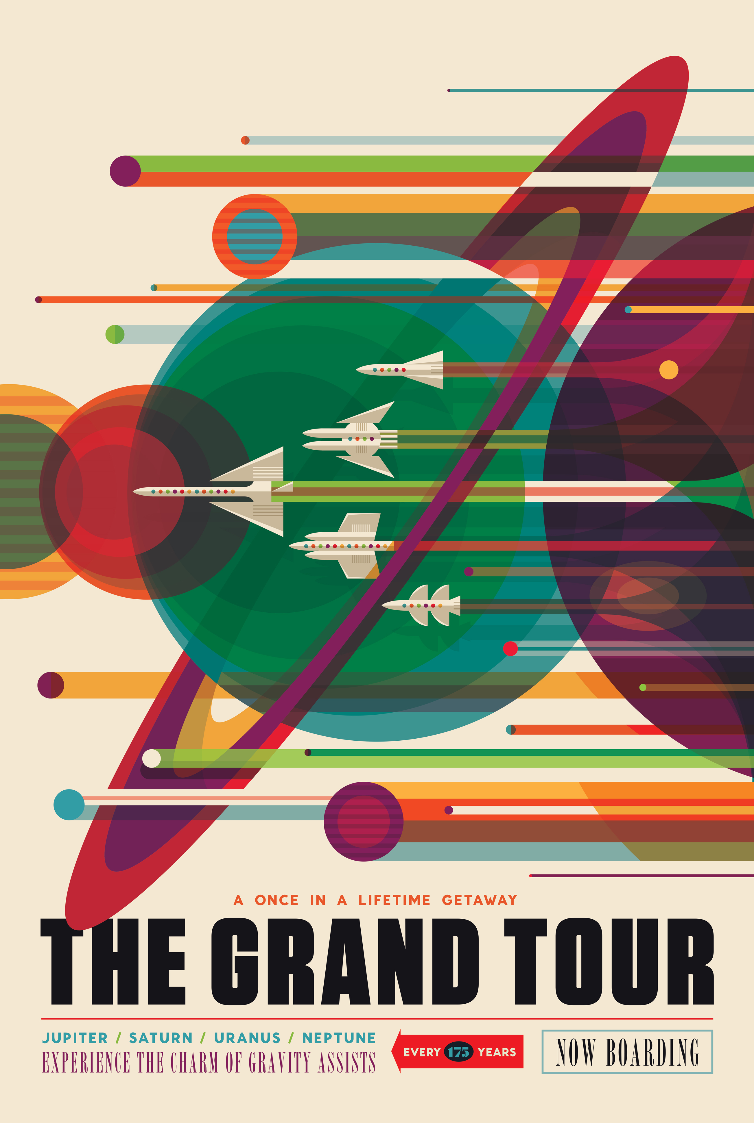 A stylized poster. On a white background, there are various planets and celestial bodies of the Solar System. In front of them, there are five shuttle ships flying by. The text on the bottom of the poster says: 'A once in a lifetime getaway. The Grand Tour. Jupiter / Saturn / Uranus / Neptune. Experience the charm of gravity assists. Every 175 years. Now boarding.'